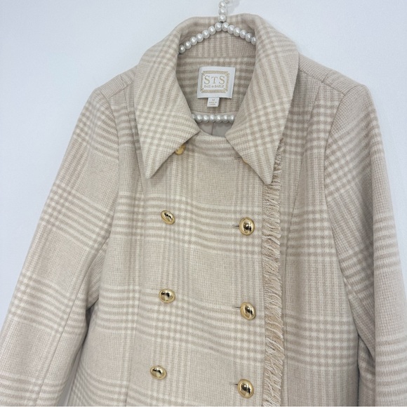 Sail to Sable Wool Blend Fringe Trim Double Breasted Plaid Coat in Cream Ivory - Picture 4 of 7